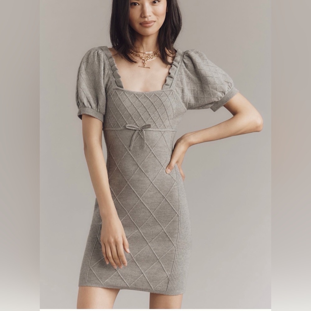Knit Puff-Sleeve Square-Neck Dress in Heather Gray